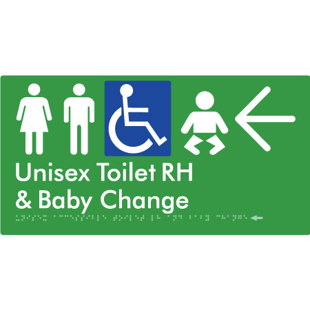 Unisex Accessible Toilet RH and Baby Change w/ Large Arrow: - Braille Tactile Signs Aust.