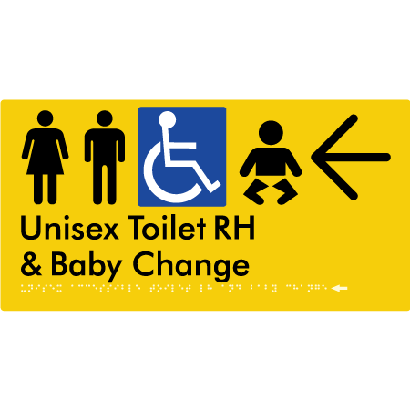 Unisex Accessible Toilet RH and Baby Change w/ Large Arrow: - Braille Tactile Signs Aust.