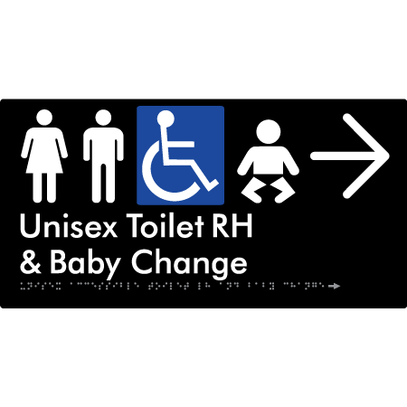 Unisex Accessible Toilet RH and Baby Change w/ Large Arrow: - Braille Tactile Signs Aust.