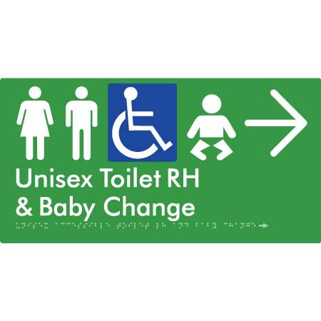 Unisex Accessible Toilet RH and Baby Change w/ Large Arrow: - Braille Tactile Signs Aust.