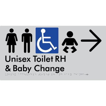 Unisex Accessible Toilet RH and Baby Change w/ Large Arrow: - Braille Tactile Signs Aust.