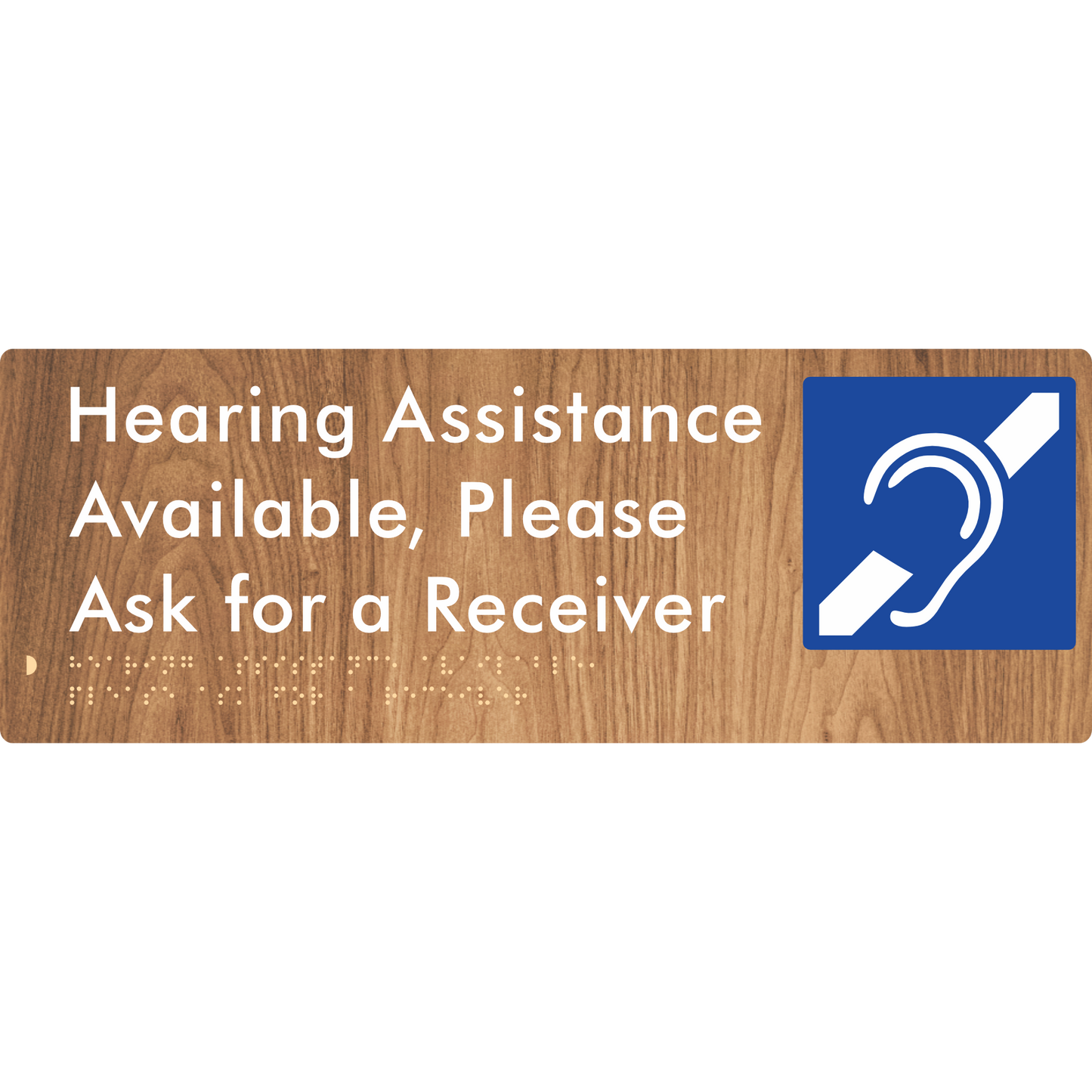 Hearing Assistance Available, Please Ask for a Receiver - Braille Tactile Signs Aust.