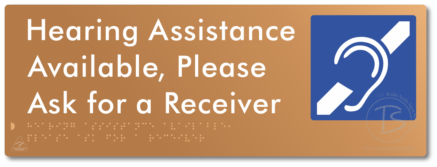 Hearing Assistance Available, Please Ask for a Receiver - Braille Tactile Signs Aust.