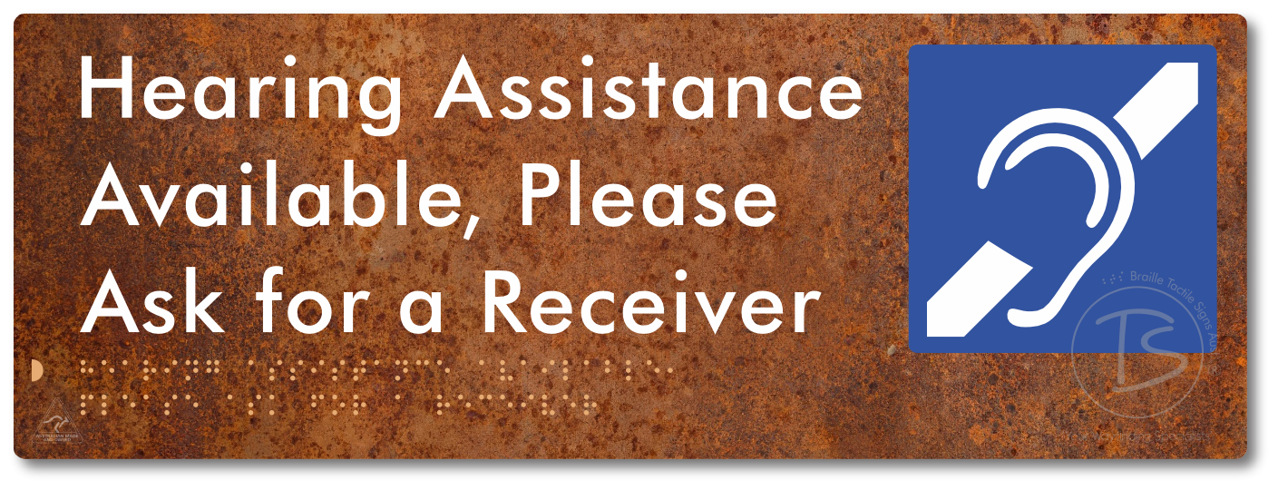 Hearing Assistance Available, Please Ask for a Receiver - Braille Tactile Signs Aust.