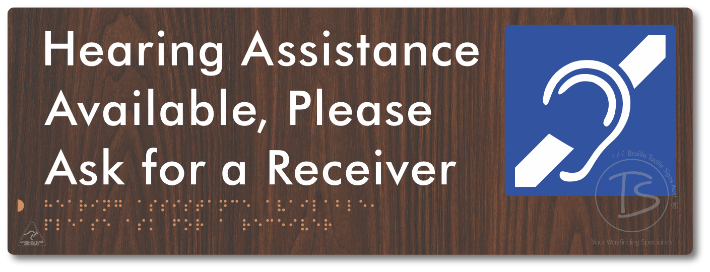 Hearing Assistance Available, Please Ask for a Receiver - Braille Tactile Signs Aust.