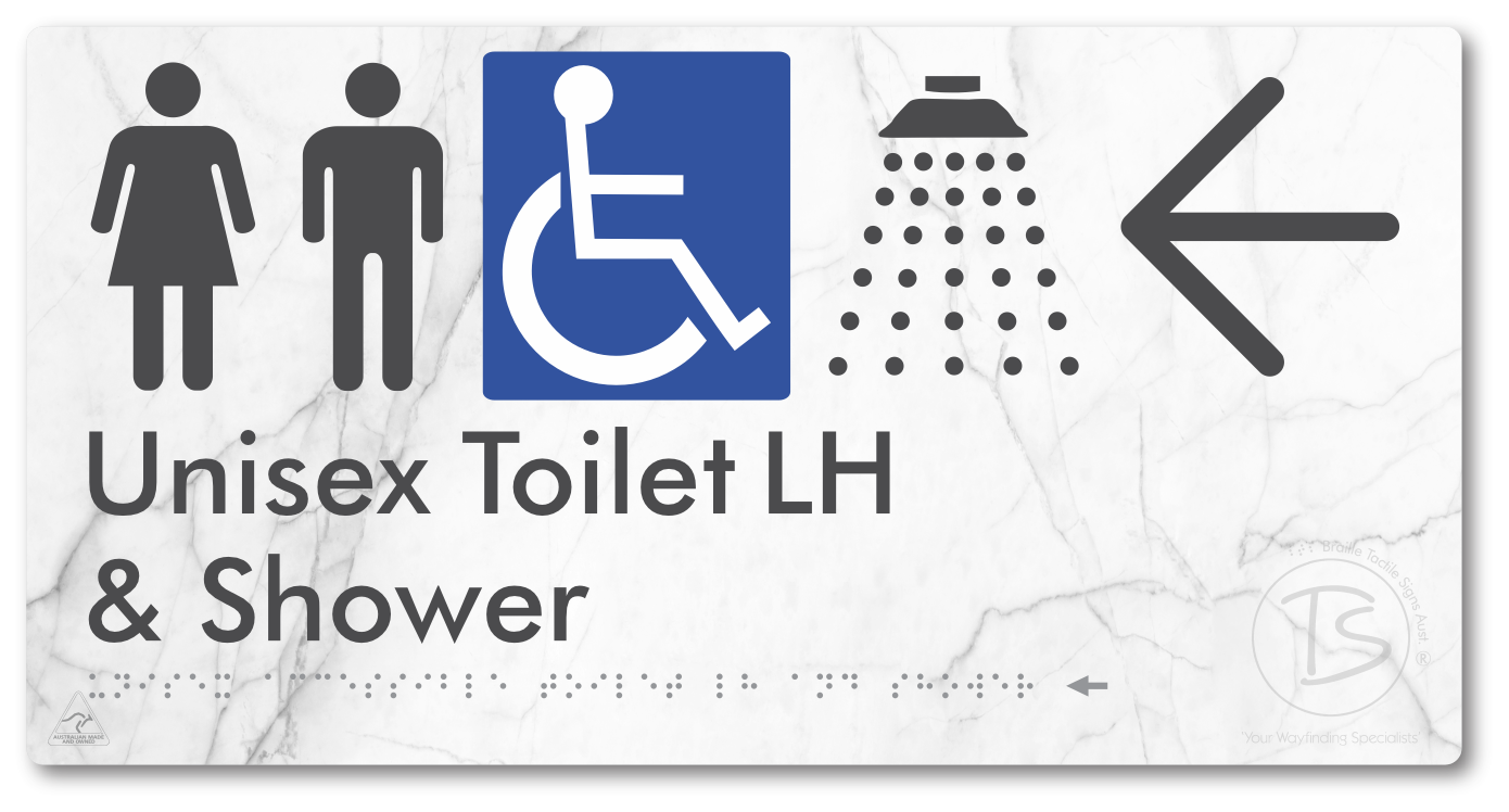 Unisex Accessible Toilet LH & Shower with Large Directional Arrow