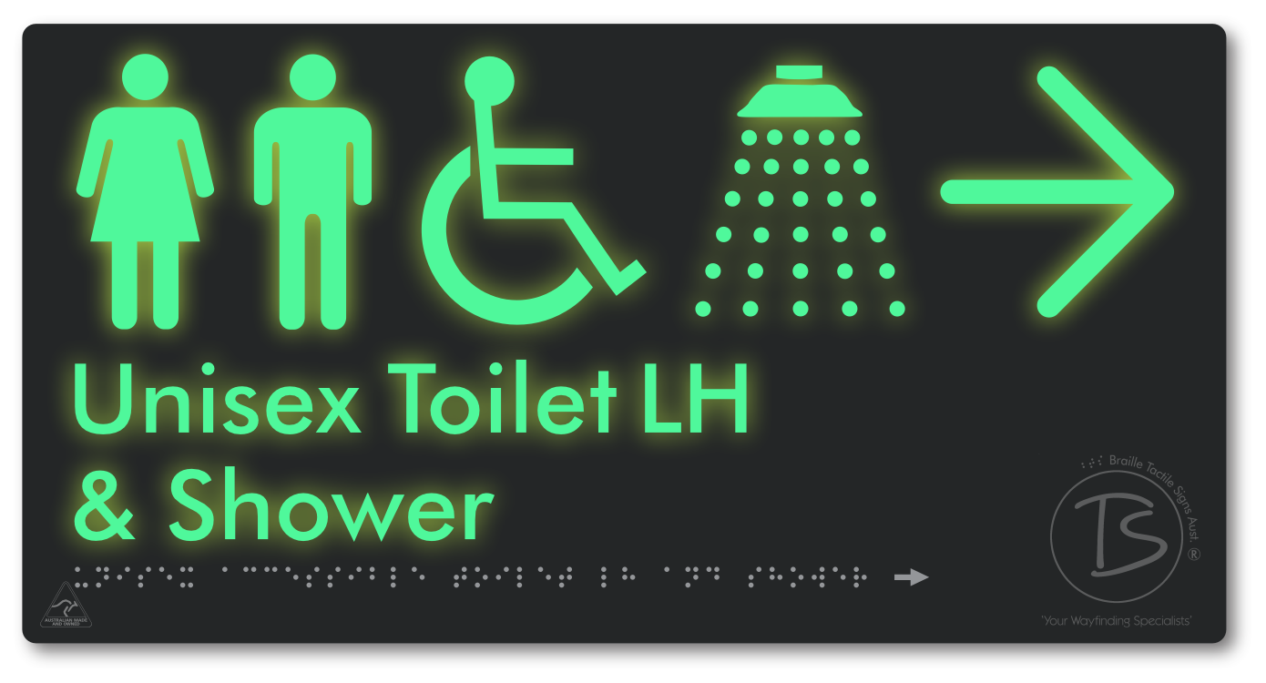 Unisex Accessible Toilet LH & Shower with Large Directional Arrow