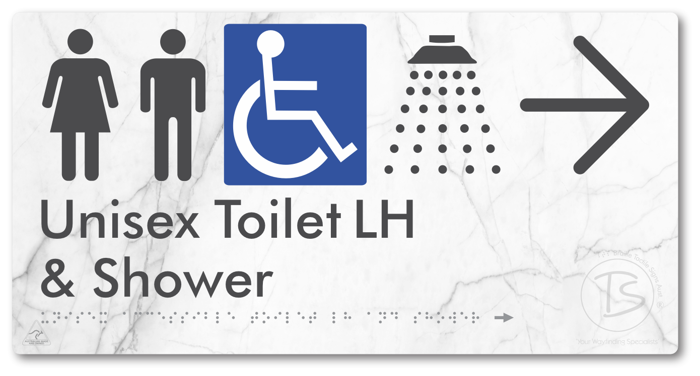 Unisex Accessible Toilet LH & Shower with Large Directional Arrow