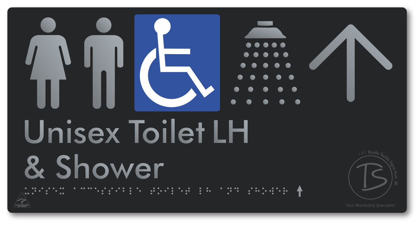 Unisex Accessible Toilet LH & Shower with Large Directional Arrow