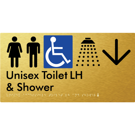 Unisex Accessible Toilet LH & Shower w/ Large Arrow: - Braille Tactile Signs Aust.