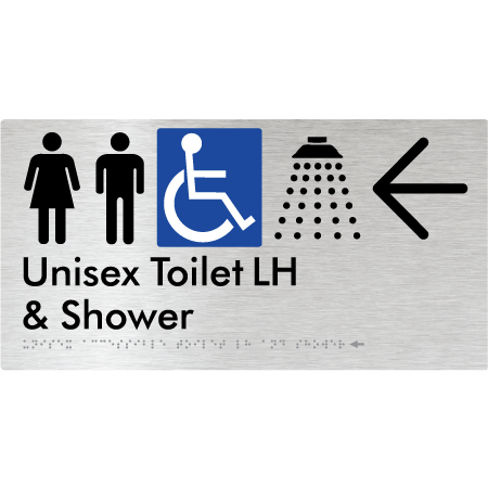 Unisex Accessible Toilet LH & Shower w/ Large Arrow: - Braille Tactile Signs Aust.