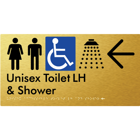 Unisex Accessible Toilet LH & Shower w/ Large Arrow: - Braille Tactile Signs Aust.