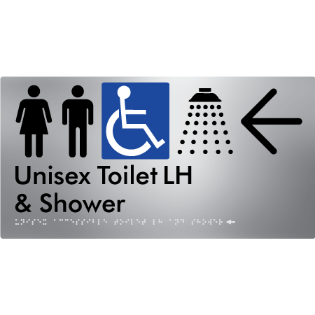 Unisex Accessible Toilet LH & Shower w/ Large Arrow: - Braille Tactile Signs Aust.