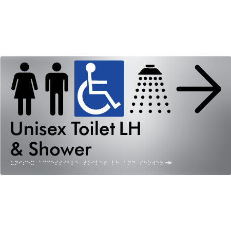 Unisex Accessible Toilet LH & Shower w/ Large Arrow: - Braille Tactile Signs Aust.