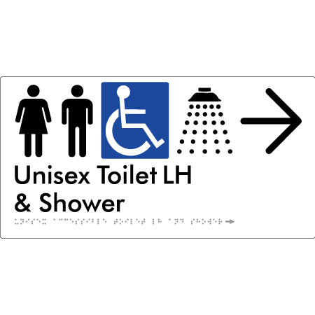 Unisex Accessible Toilet LH & Shower w/ Large Arrow: - Braille Tactile Signs Aust.