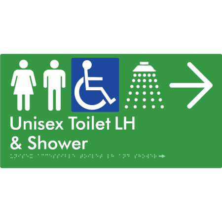 Unisex Accessible Toilet LH & Shower w/ Large Arrow: - Braille Tactile Signs Aust.