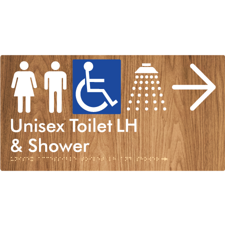 Unisex Accessible Toilet LH & Shower w/ Large Arrow: - Braille Tactile Signs Aust.