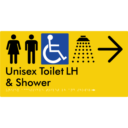 Unisex Accessible Toilet LH & Shower w/ Large Arrow: - Braille Tactile Signs Aust.