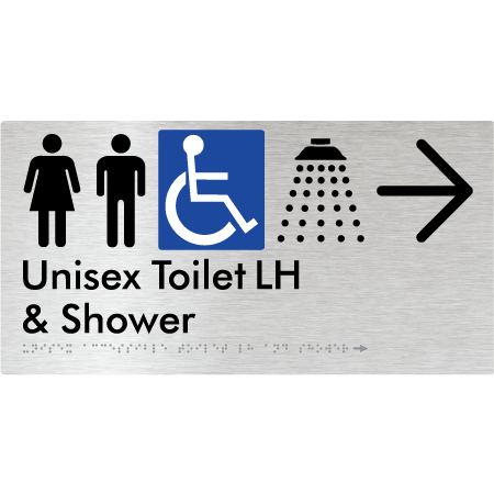 Unisex Accessible Toilet LH & Shower w/ Large Arrow: - Braille Tactile Signs Aust.
