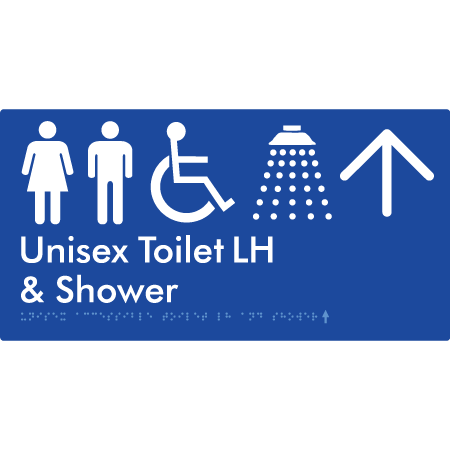 Unisex Accessible Toilet LH & Shower w/ Large Arrow: - Braille Tactile Signs Aust.