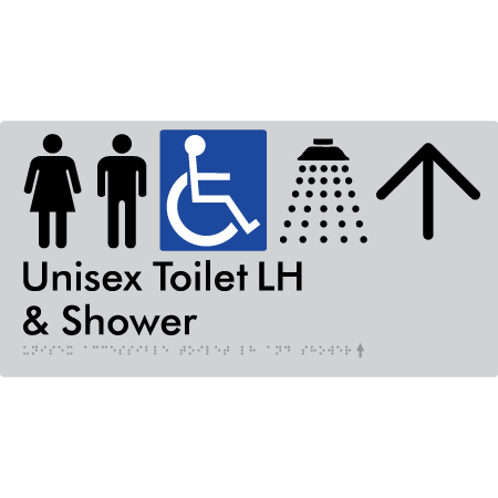Unisex Accessible Toilet LH & Shower w/ Large Arrow: - Braille Tactile Signs Aust.