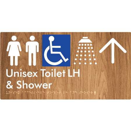 Unisex Accessible Toilet LH & Shower w/ Large Arrow: - Braille Tactile Signs Aust.