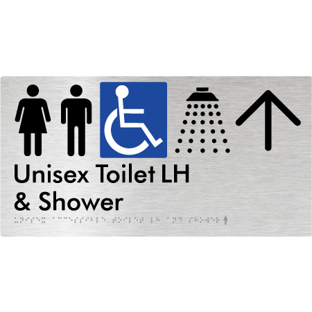 Unisex Accessible Toilet LH & Shower w/ Large Arrow: - Braille Tactile Signs Aust.