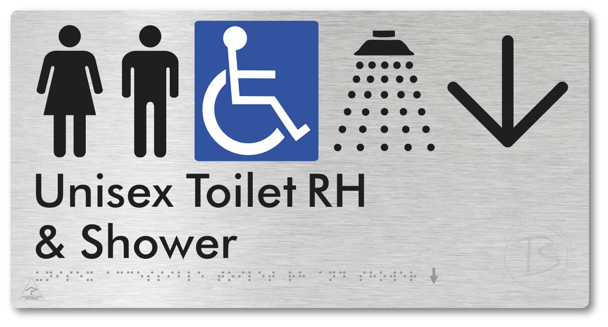 Unisex Accessible Toilet RH & Shower with Large Directional Arrow - Braille Tactile Signs Aust.
