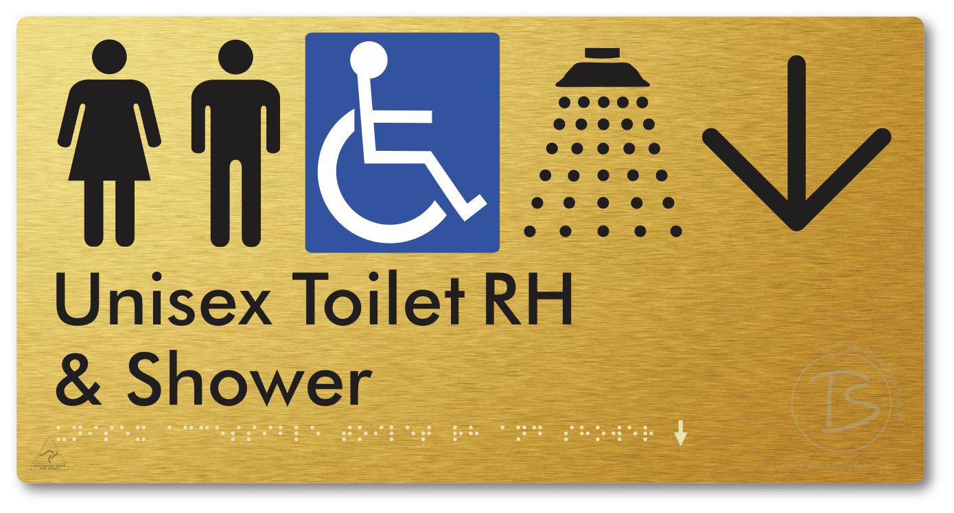 Unisex Accessible Toilet RH & Shower with Large Directional Arrow - Braille Tactile Signs Aust.