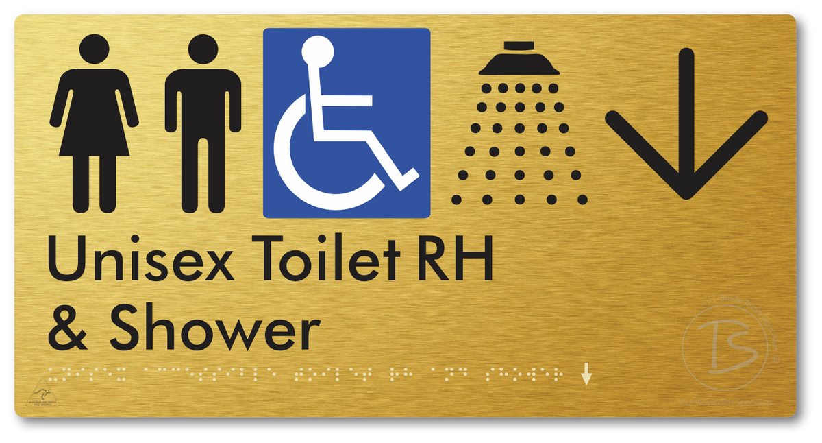 Unisex Accessible Toilet RH & Shower with Large Directional Arrow - Braille Tactile Signs Aust.