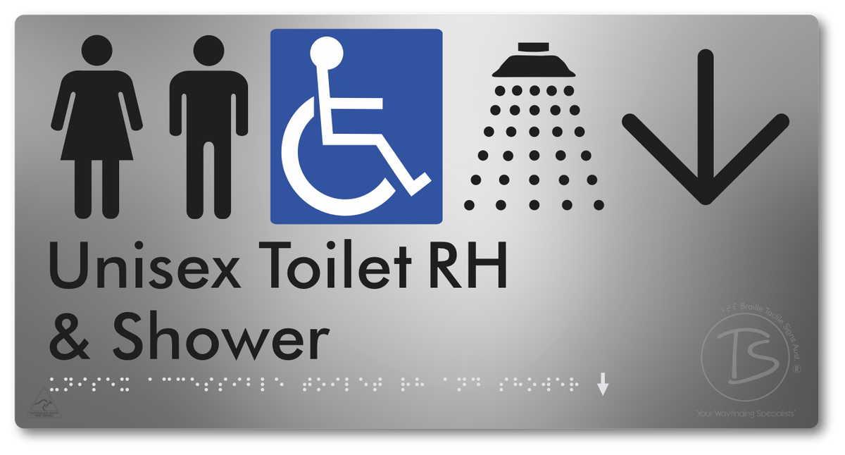 Unisex Accessible Toilet RH & Shower with Large Directional Arrow - Braille Tactile Signs Aust.