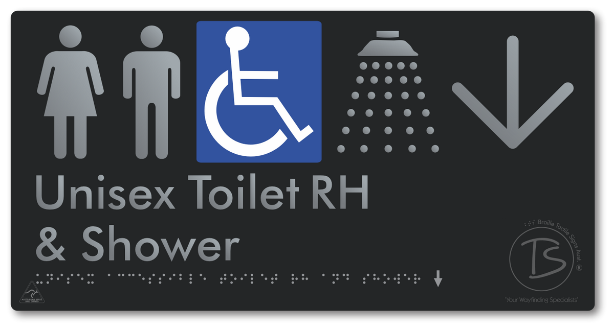 Unisex Accessible Toilet RH & Shower with Large Directional Arrow - Braille Tactile Signs Aust.