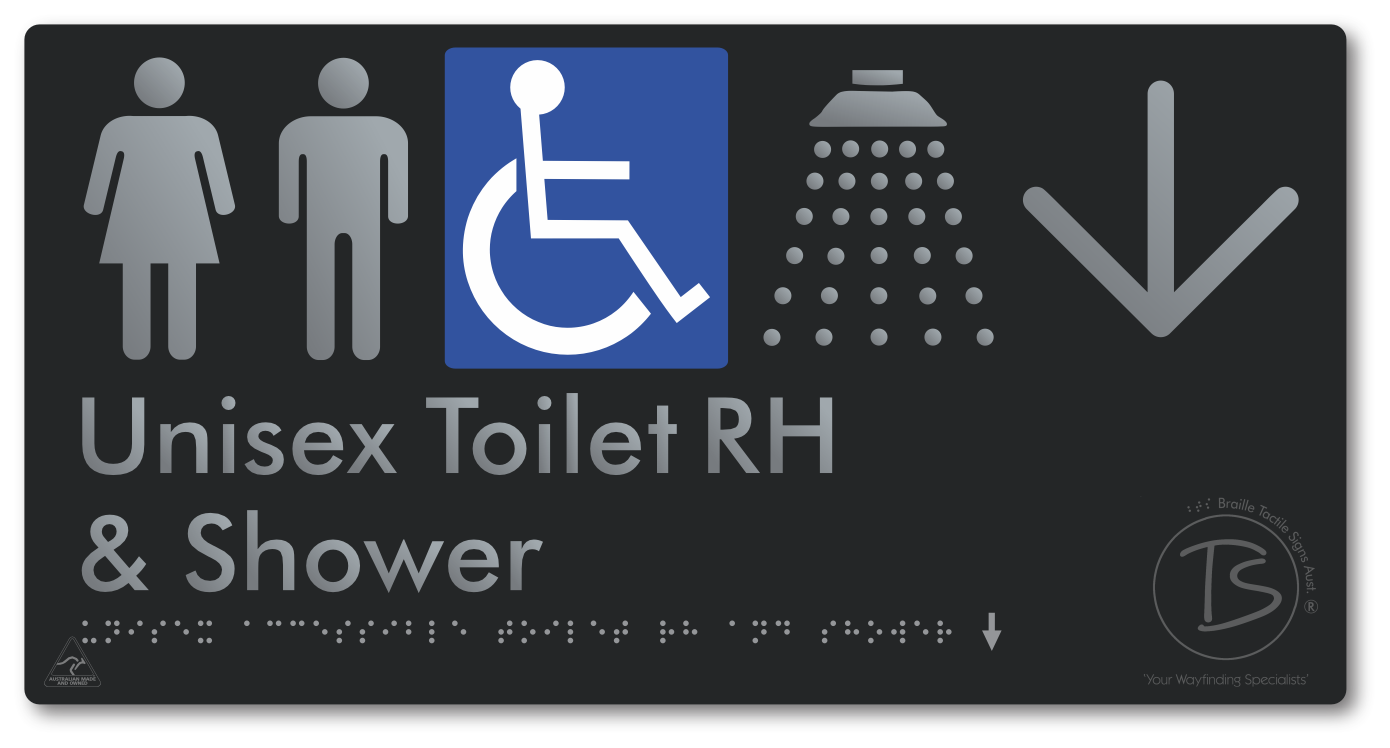 Unisex Accessible Toilet RH & Shower with Large Directional Arrow - Braille Tactile Signs Aust.