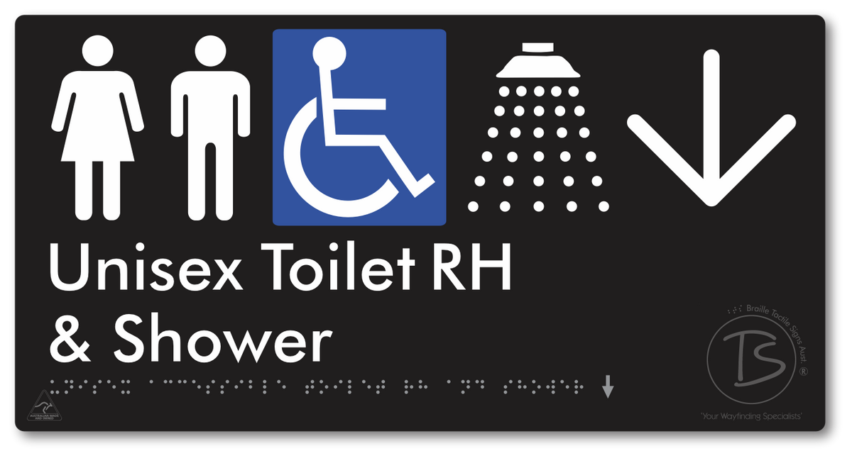 Unisex Accessible Toilet RH & Shower with Large Directional Arrow - Braille Tactile Signs Aust.