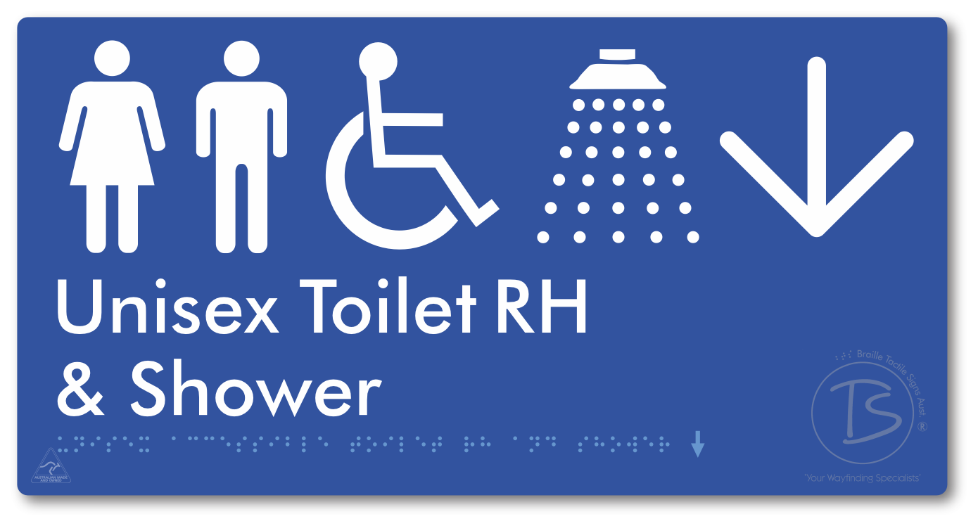 Unisex Accessible Toilet RH & Shower with Large Directional Arrow - Braille Tactile Signs Aust.