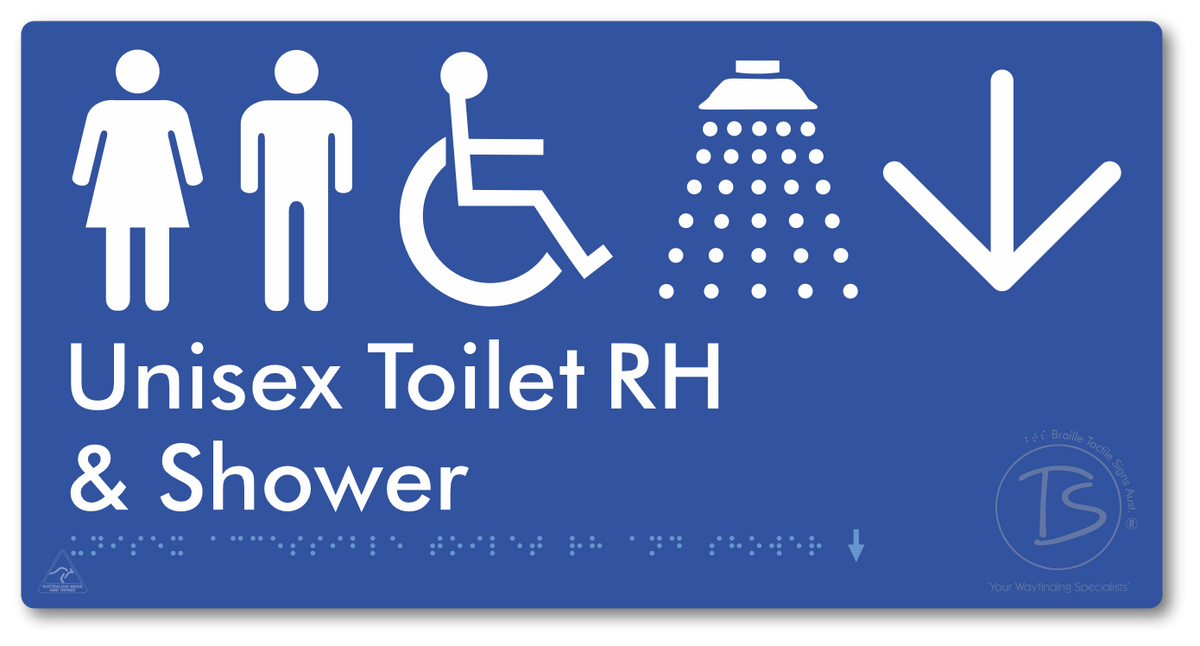 Unisex Accessible Toilet RH & Shower with Large Directional Arrow - Braille Tactile Signs Aust.