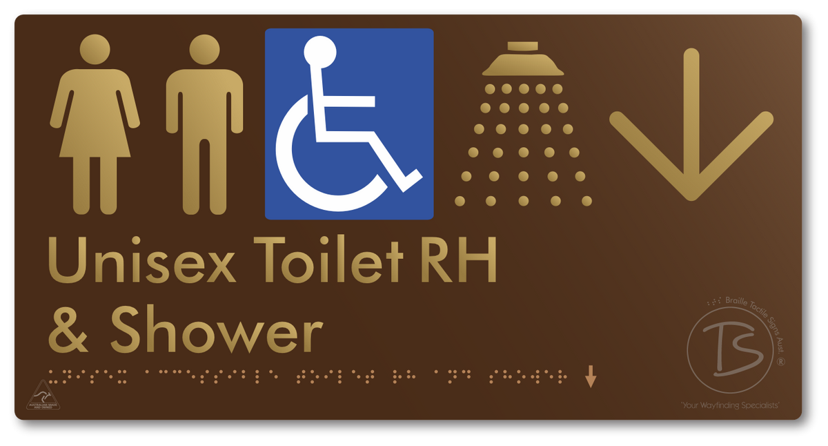 Unisex Accessible Toilet RH & Shower with Large Directional Arrow - Braille Tactile Signs Aust.