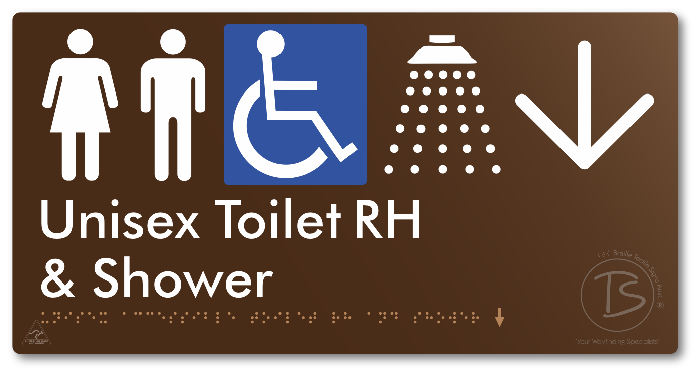 Unisex Accessible Toilet RH & Shower with Large Directional Arrow - Braille Tactile Signs Aust.