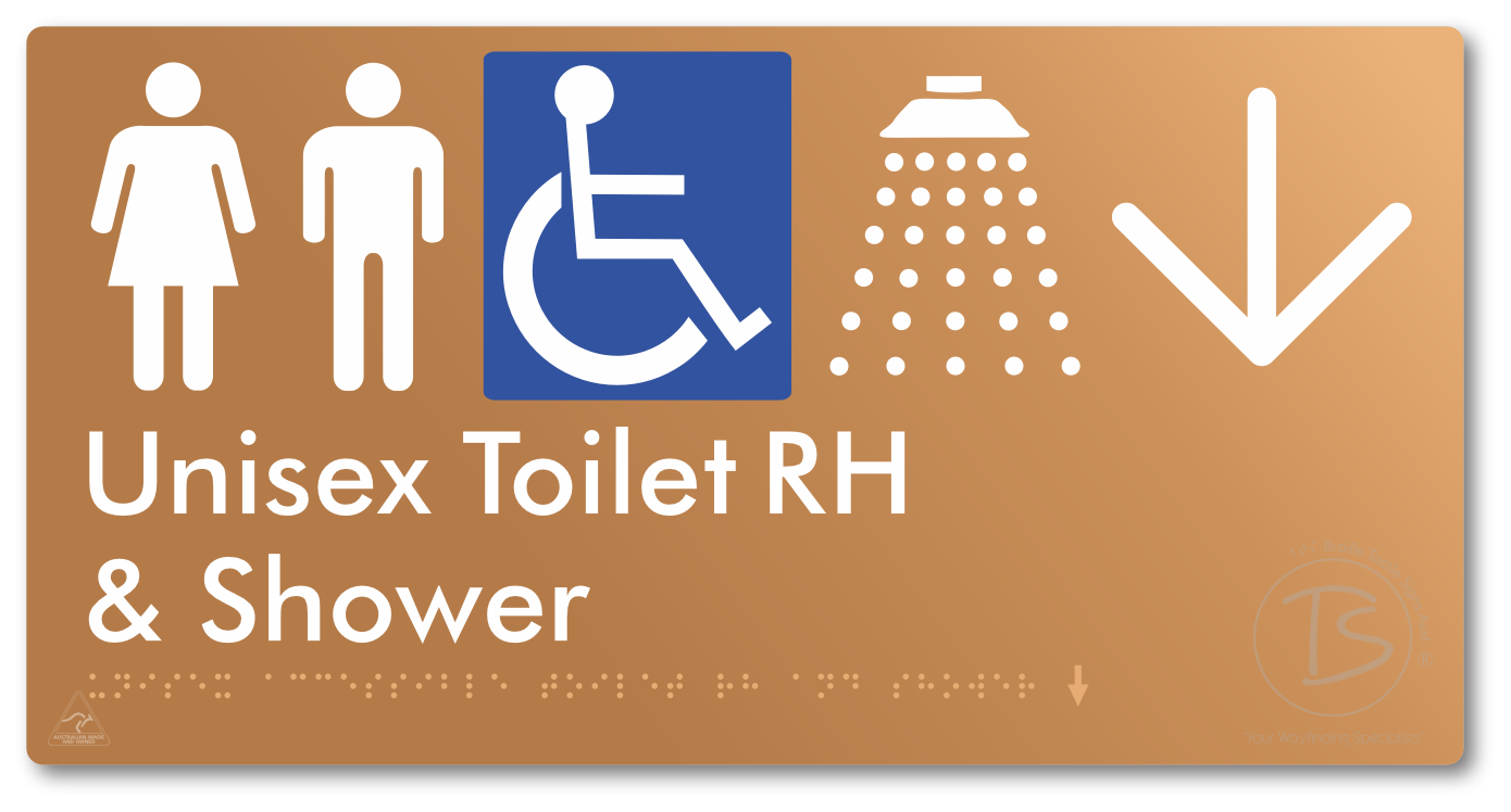 Unisex Accessible Toilet RH & Shower with Large Directional Arrow - Braille Tactile Signs Aust.