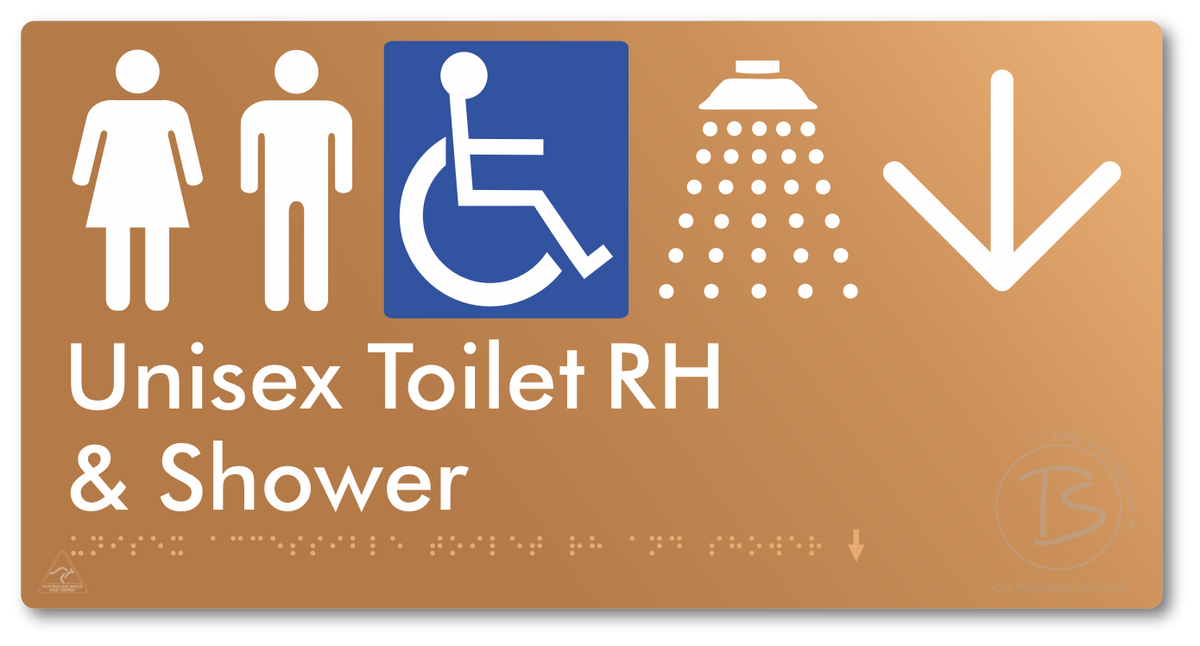 Unisex Accessible Toilet RH & Shower with Large Directional Arrow - Braille Tactile Signs Aust.