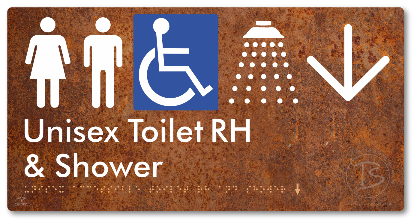 Unisex Accessible Toilet RH & Shower with Large Directional Arrow - Braille Tactile Signs Aust.