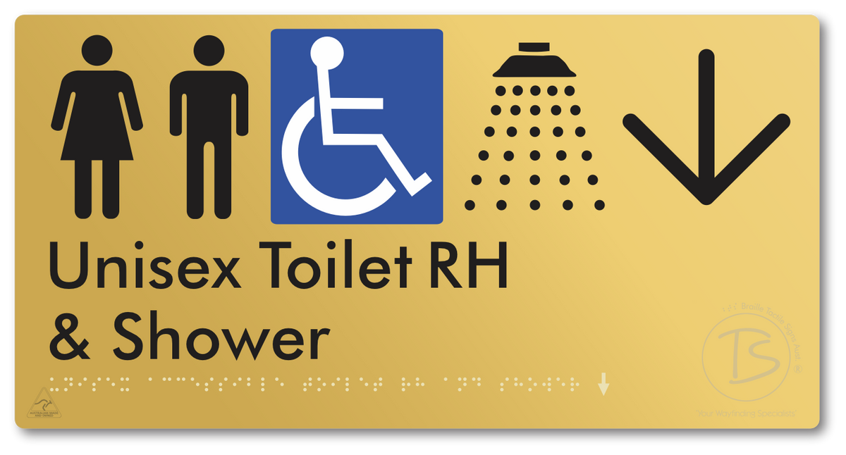 Unisex Accessible Toilet RH & Shower with Large Directional Arrow - Braille Tactile Signs Aust.