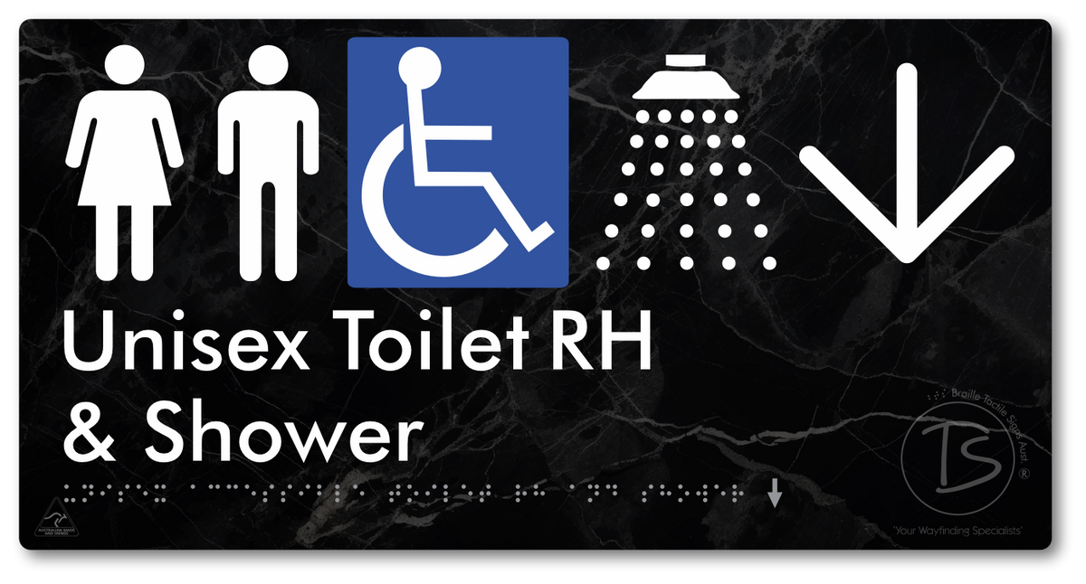 Unisex Accessible Toilet RH & Shower with Large Directional Arrow - Braille Tactile Signs Aust.