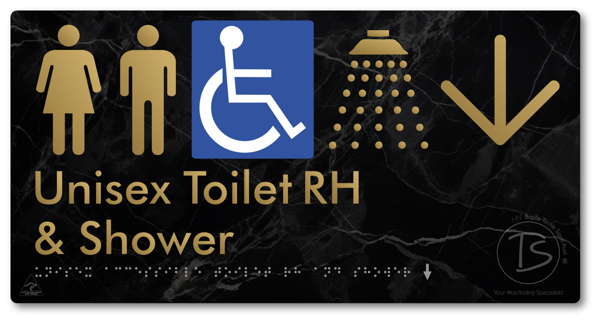 Unisex Accessible Toilet RH & Shower with Large Directional Arrow - Braille Tactile Signs Aust.