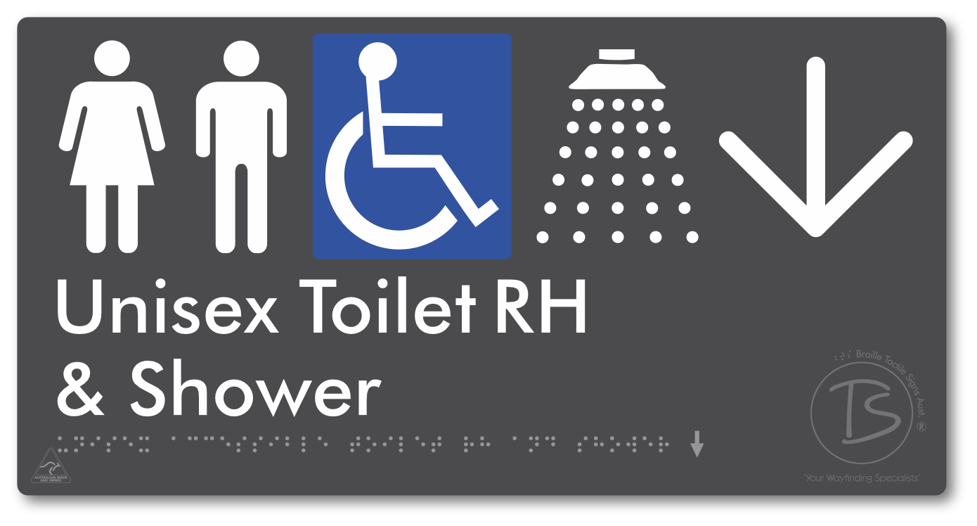 Unisex Accessible Toilet RH & Shower with Large Directional Arrow - Braille Tactile Signs Aust.