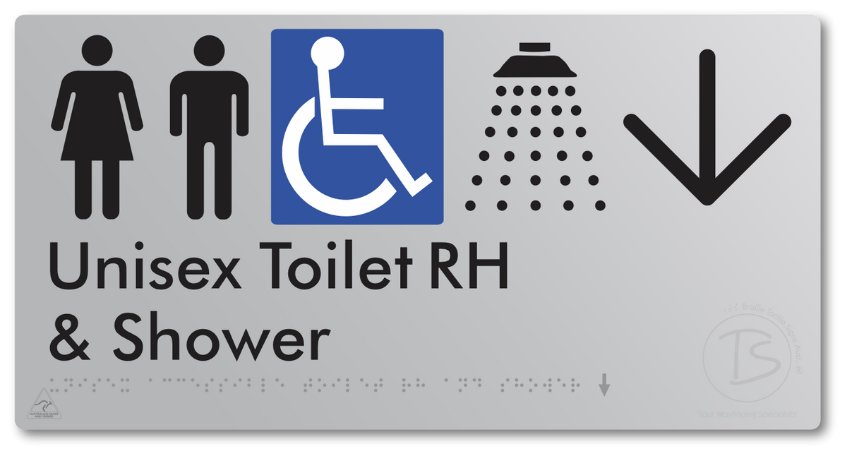 Unisex Accessible Toilet RH & Shower with Large Directional Arrow - Braille Tactile Signs Aust.