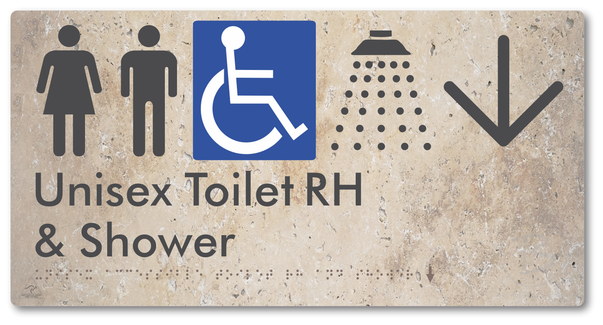 Unisex Accessible Toilet RH & Shower with Large Directional Arrow - Braille Tactile Signs Aust.