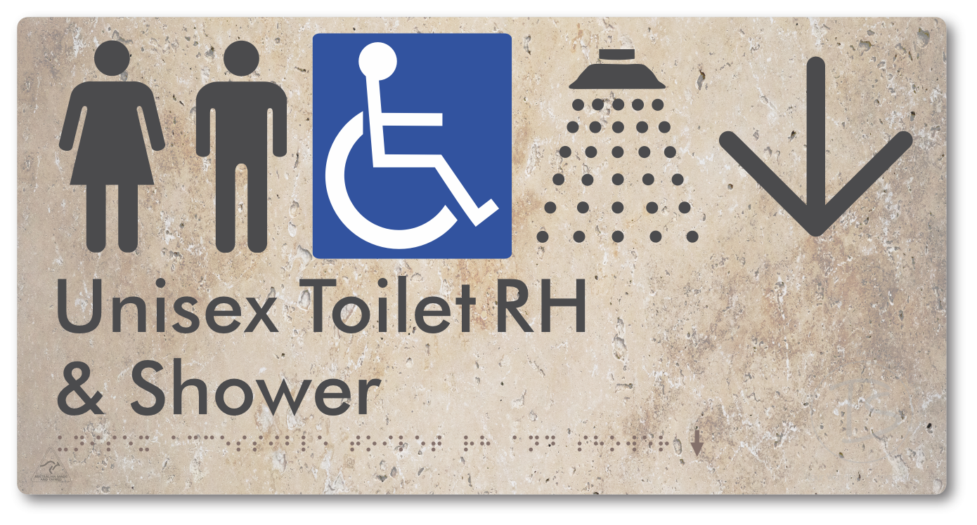 Unisex Accessible Toilet RH & Shower with Large Directional Arrow - Braille Tactile Signs Aust.