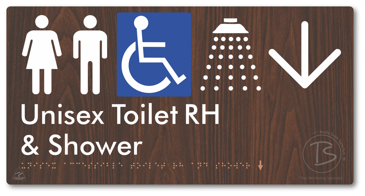 Unisex Accessible Toilet RH & Shower with Large Directional Arrow - Braille Tactile Signs Aust.