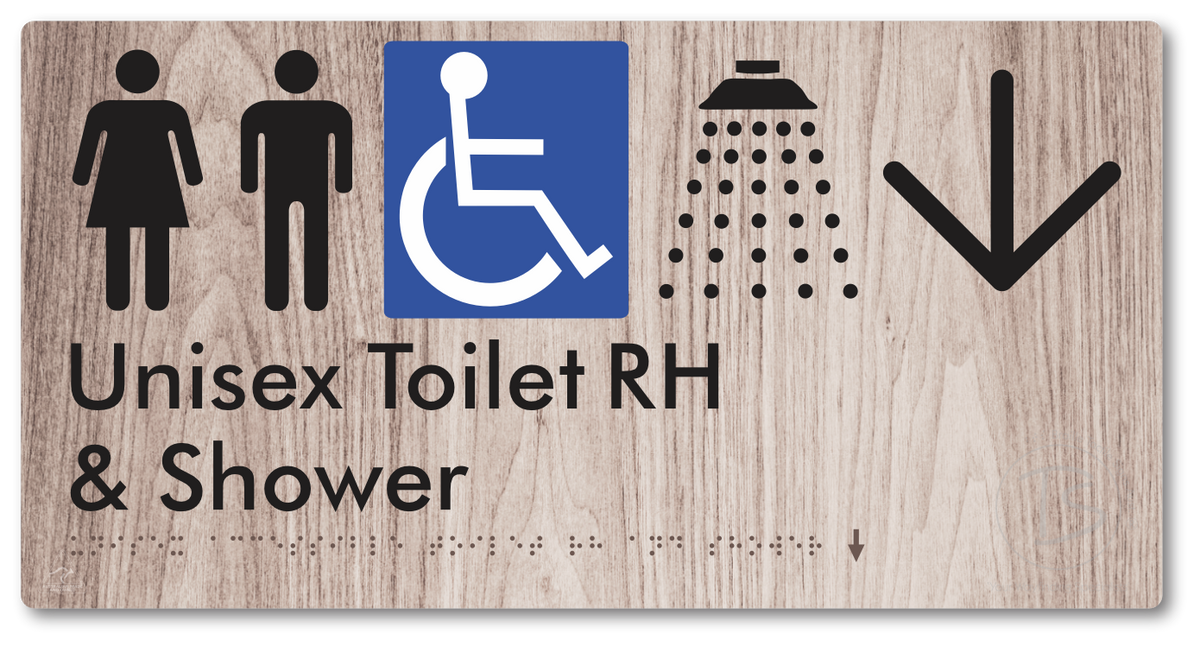 Unisex Accessible Toilet RH & Shower with Large Directional Arrow - Braille Tactile Signs Aust.